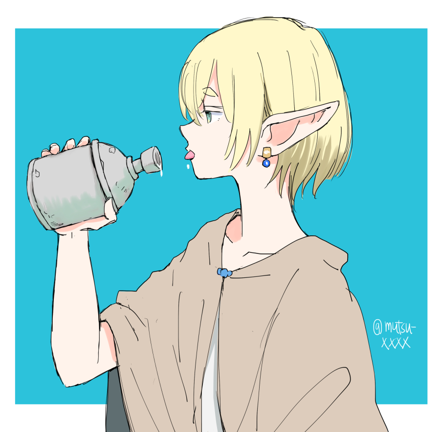 1girl, alcohol, blonde_hair, bottle, cloak, commentary_request, dress, drinking