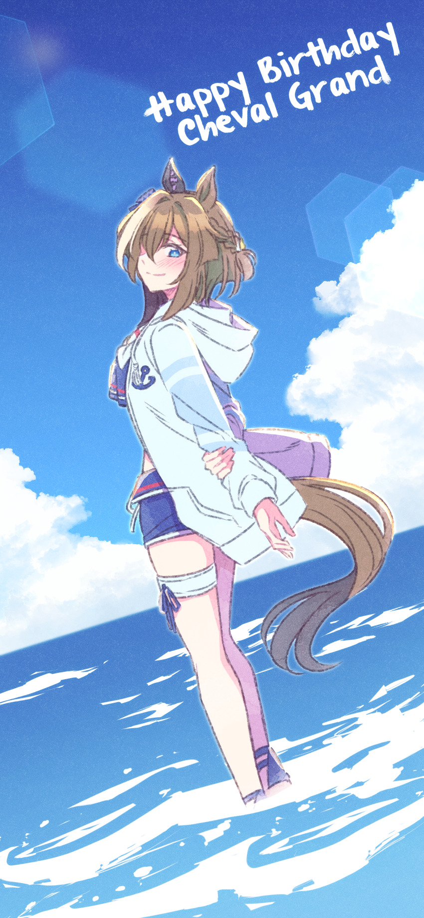 1girl, absurdres, akamirai, animal_ears, arms_behind_back, bikini, bikini_shorts, blue_bikini