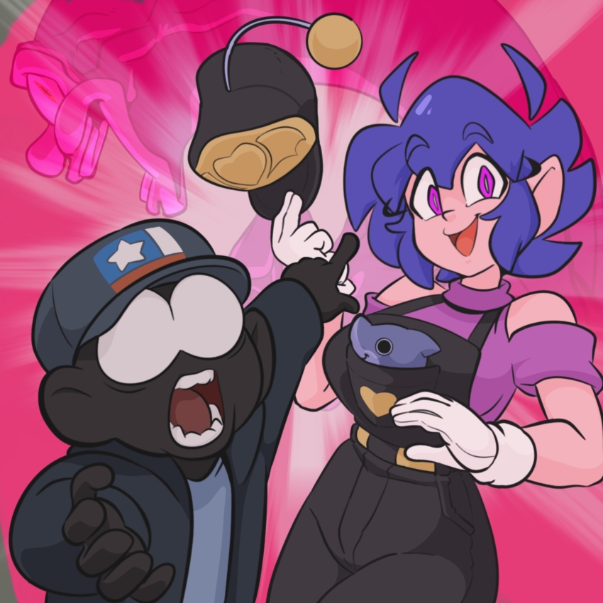 1boy, 1girl, antenna_hair, apron_pouch, artist_self-insert, belt, black_belt, black_pants, black_skin, blue_hair, blue_jacket, colored_skin, demon_girl, emi_(twistedgrim), flag_print, gloves, heart_on_chest, highres, jacket, monster_girl, open_mouth, original, pants, pink_background, pink_eyes, pointing, pointing_at_another, pointy_ears, short_hair, smile, surprised, thighs, twistedgrim, white_gloves, wide-eyed