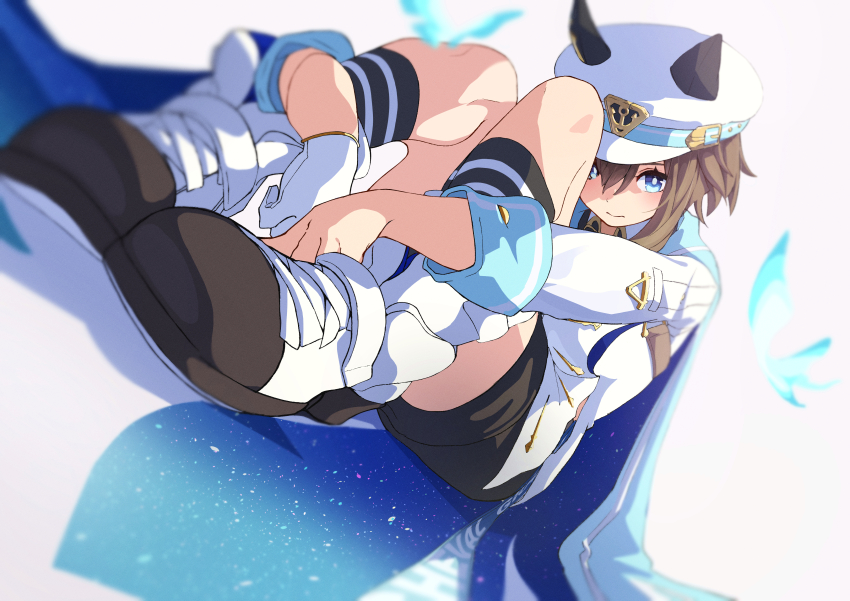 1girl, absurdres, animal_ears, ascot, black_shorts, blue_cape, blue_eyes, blush