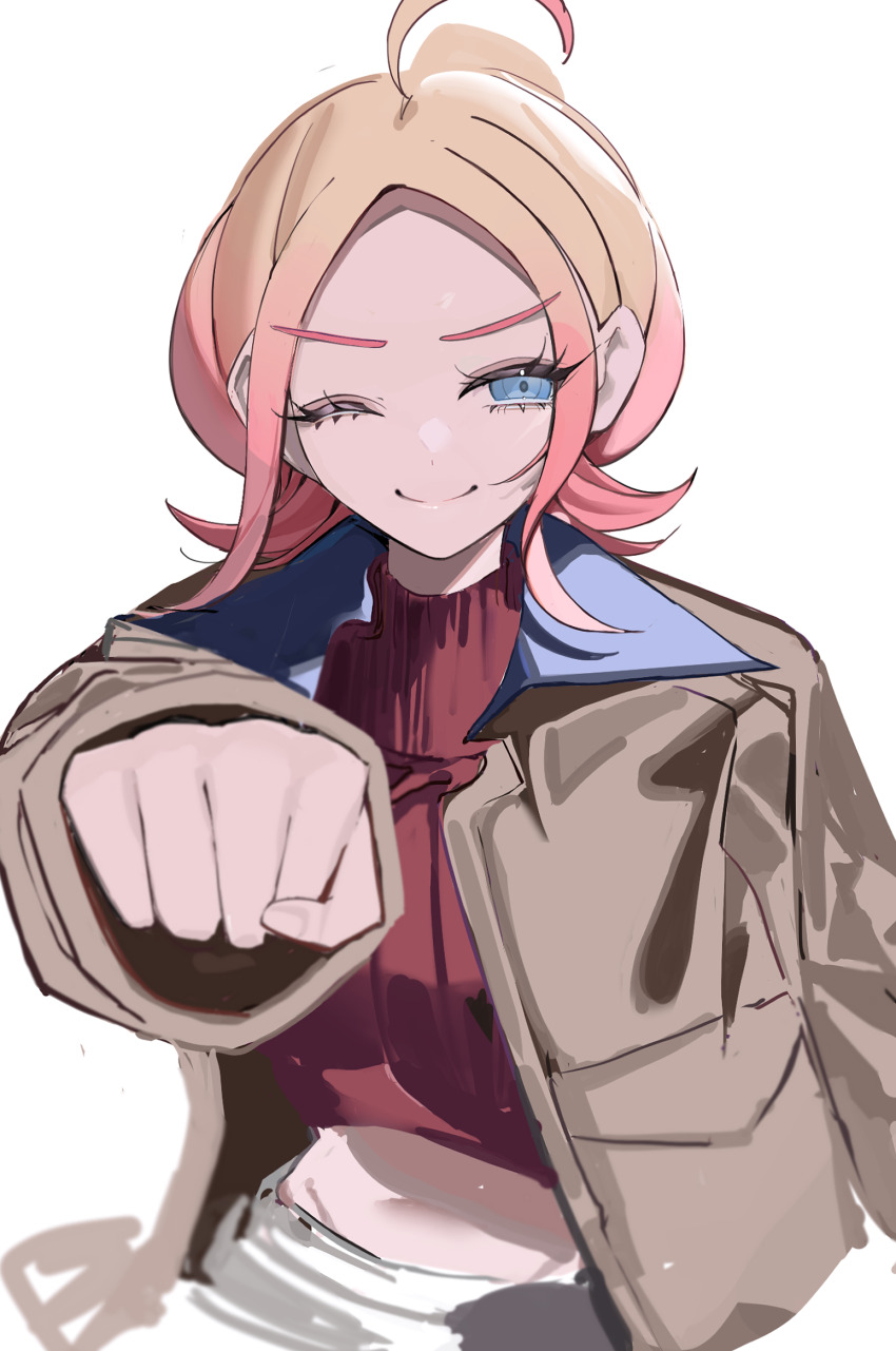 1girl, ahoge, blonde_hair, blue_eyes, brown_jacket, clenched_hand, commentary_request, cropped_shirt
