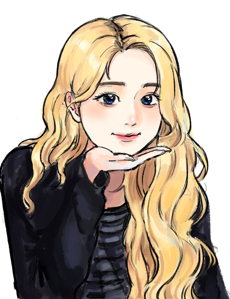 1girl, animification, black_cardigan, black_shirt, blonde_hair, blue_eyes, blush, cardigan, haewon_(nmixx), hand_on_own_chin, k-pop, long_hair, looking_at_viewer, nmixx, photo-referenced, real_life, shirt, simple_background, smile, solo, white_background, xel_(xxiwnon)