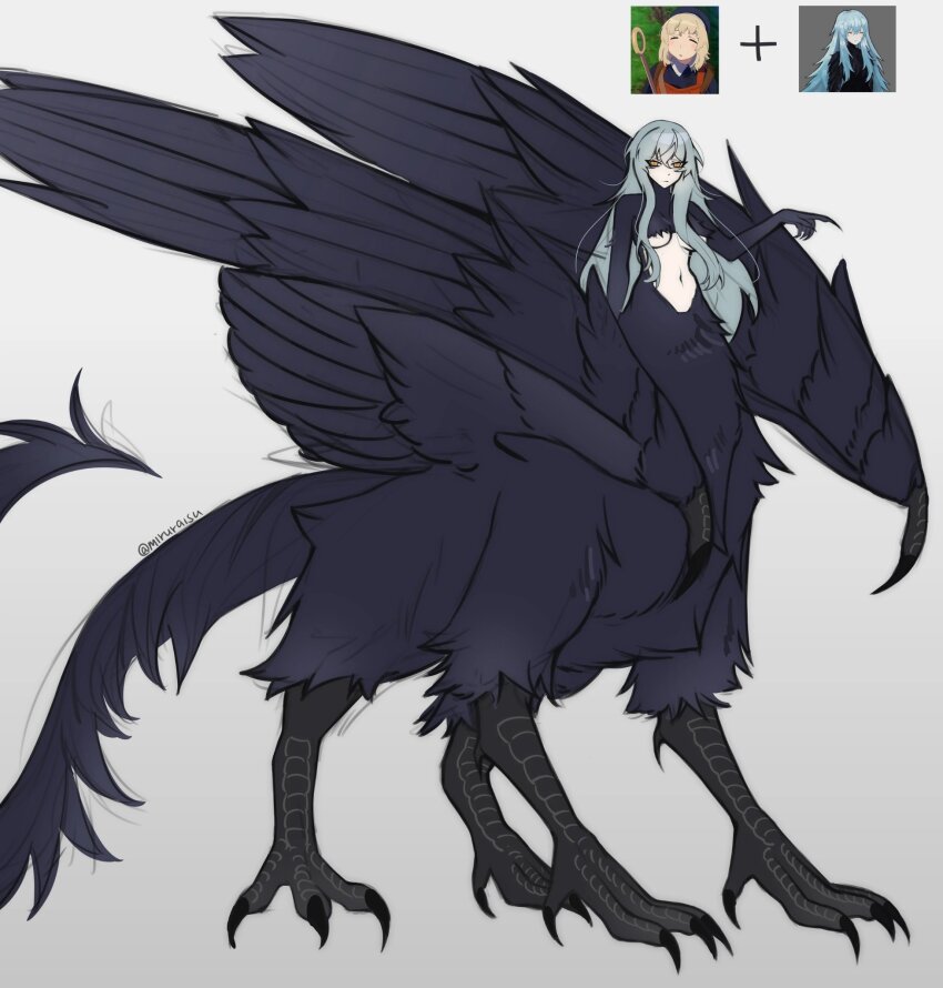 1girl, alternate_form, angela_(project_moon), artist_name, black_feathers, black_wings, blue_hair, breasts