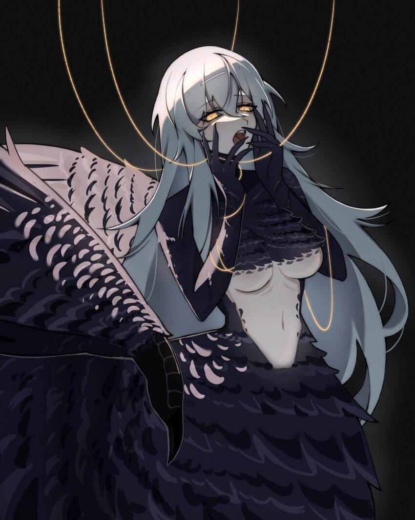 1girl, alternate_form, angela_(project_moon), black_background, black_feathers, blue_hair, breasts, centauroid