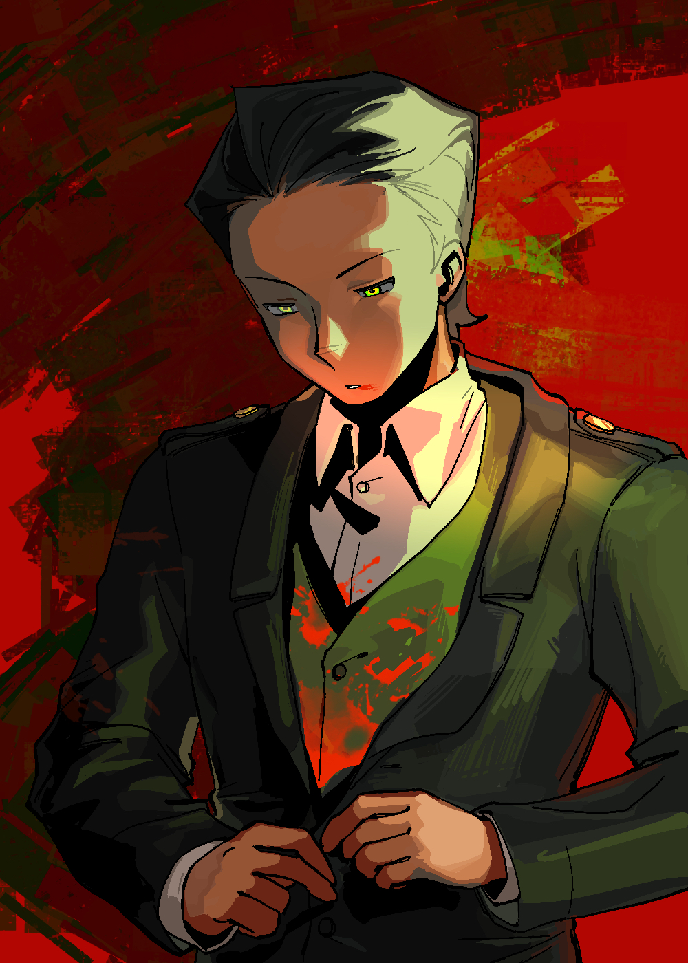 1boy, adjusting_clothes, animification, black_hair, blood, blood_on_clothes, blood_on_face, blood_splatter, chinese_commentary, collared_shirt, commentary, dengtasha, green_eyes, green_jacket, green_vest, gripe_(ninjago), hair_slicked_back, highres, humanization, jacket, jaggy_lines, long_sleeves, looking_down, male_focus, ninjago, red_background, shirt, short_hair, simple_background, solo, upper_body, vest, white_shirt, wing_collar
