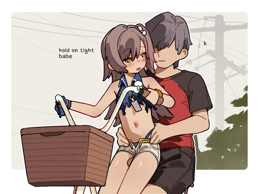 bicycle, bicycle_basket, blue_gloves, blue_panties, blue_vest, bow, brown_hair, closed_mouth