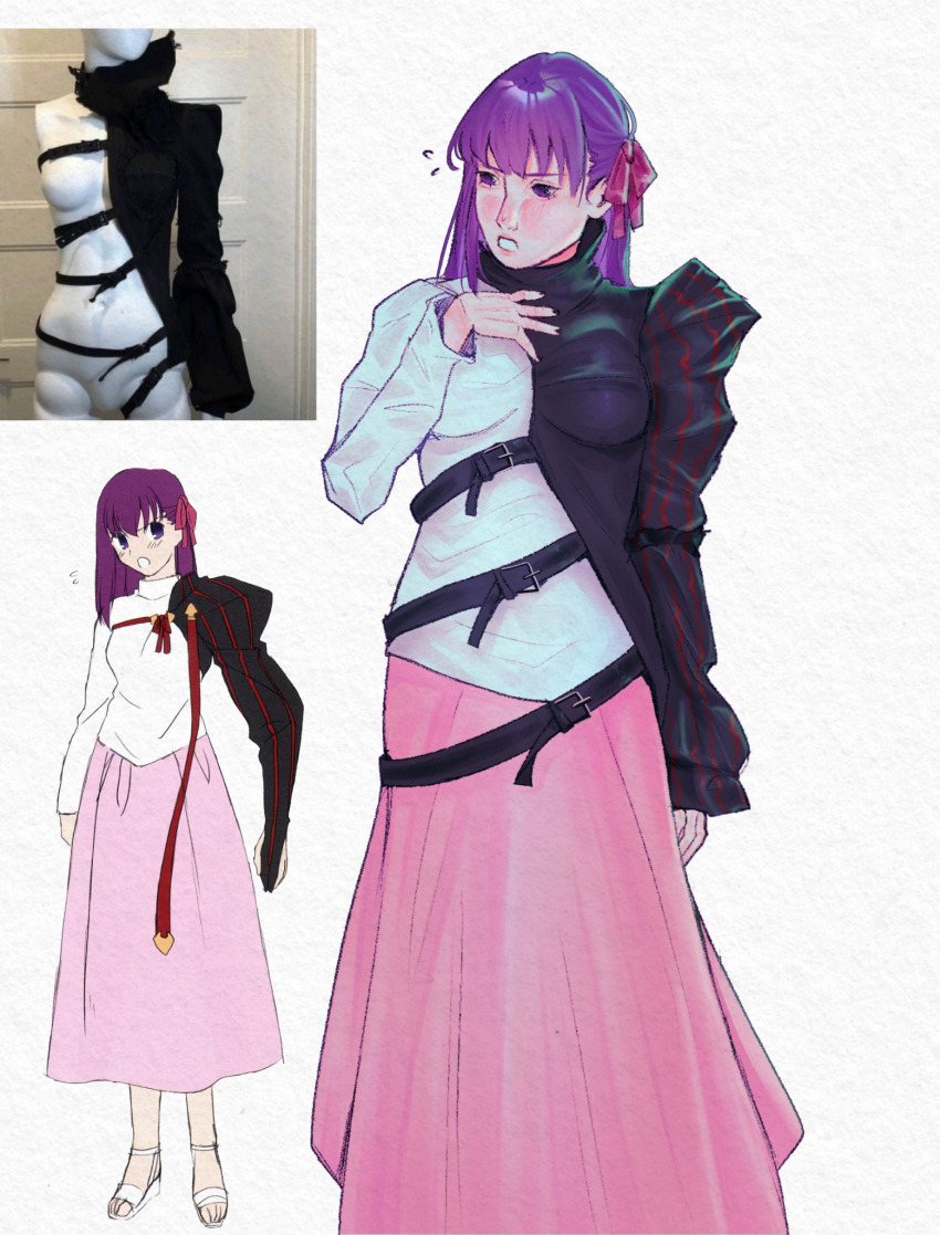 archery_shooting_glove, asymmetrical_clothes, asymmetrical_sleeves, asymmetrical_sweater, black_sleeves, buckle, clip_studio_paint_(medium), commentary, english_commentary, fate/hollow_ataraxia, fate/stay_night, fate_(series), gloves, hair_ribbon, highres, long_hair, long_skirt, long_sleeves, matou_sakura, mismatched_sleeves, paper_texture, partially_fingerless_gloves, partly_fingerless_gloves, photo-referenced, photo_inset, pink_skirt, purple_eyes, purple_hair, purplerider, red_ribbon, reference_inset, reference_photo, ribbon, shirt, single_sleeve, skirt, strap, sweat, sweater, turtleneck, uneven_sleeves, vertical-striped_sleeves, white_background, white_shirt, yugake