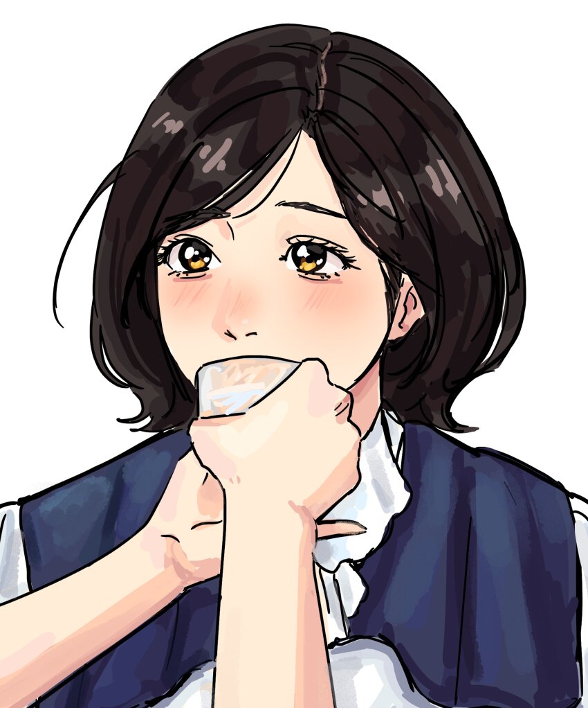 1girl, 1other, absurdres, ambiguous_gender, animification, bae_(nmixx), black_hair, blue_shirt