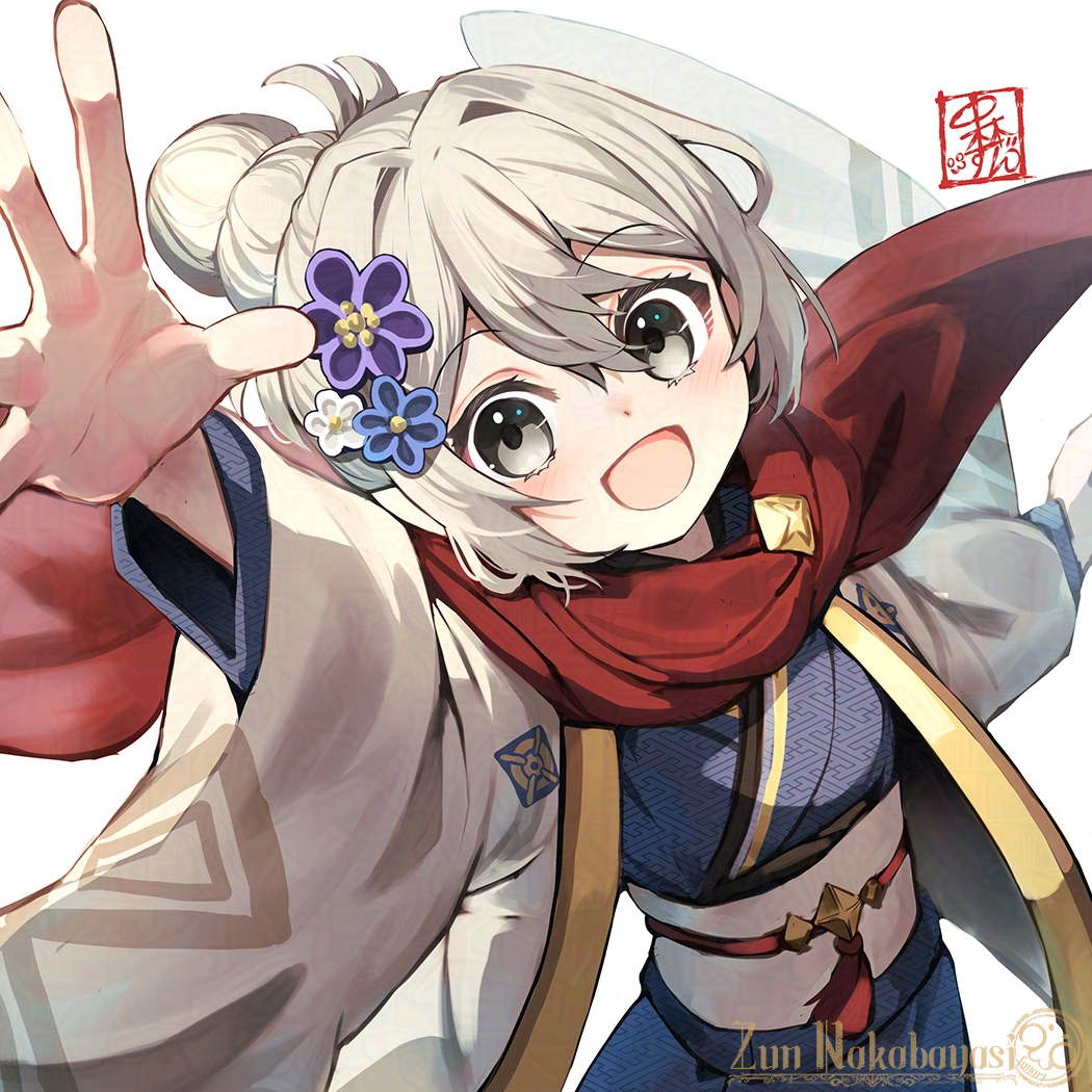 1girl, :d, arm_up, artist_logo, artist_name, commentary_request, female_kana_(fire_emblem), female_kana_(rising_sunlight)_(fire_emblem)
