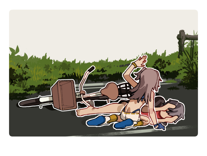 bad_tag, bicycle, bicycle_basket, blue_gloves, blue_panties, blue_vest, bow, brown_hair, closed_mouth, commander_(girls'_frontline), commentary, crop_top, english_text, faceless, faceless_male, fallen_down, flat_chest, flip-flops, full_body, girls'_frontline, girls'_frontline_2:_exilium, gloves, hair_bow, imminent_hit, imminent_slap, kani_fish, lanyard, leva_(girls'_frontline_2), leva_(sultry_tempo)_(girls'_frontline_2), long_hair, looking_at_another, navel, official_alternate_costume, one_side_up, open_mouth, outside_border, panties, riding, sandals, shoes, single_glove, smile, sneakers, socks, stomach, surprised, thighs, told_you_not_to_do_that, torn_clothes, ump45_(girls'_frontline), underwear, untranslatable_commentary, vest, white_bow, white_shoes, yellow_eyes, yellow_socks