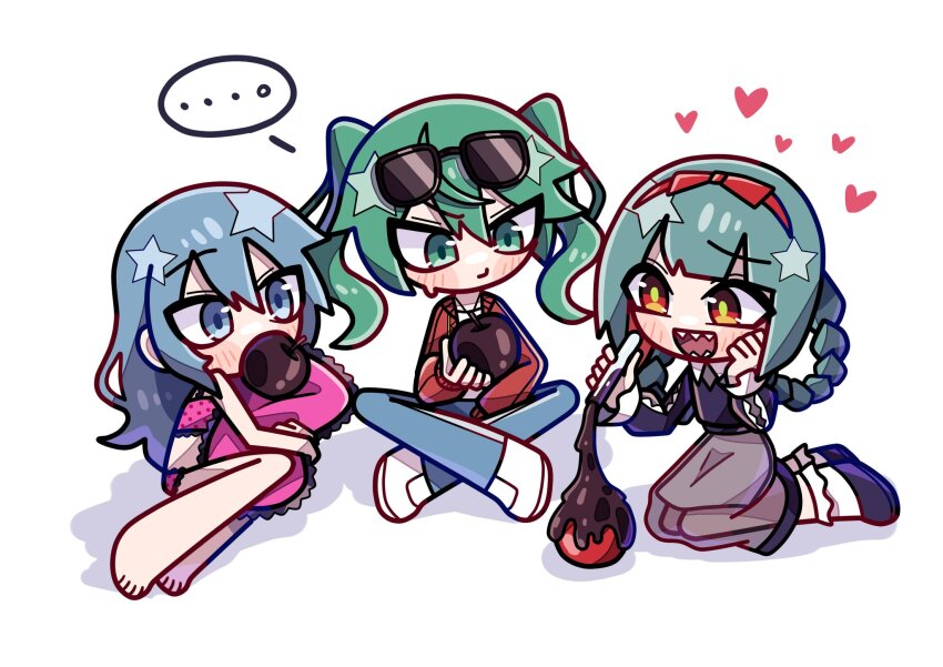 ..., 3girls, :d, akina_mochi, apple, aqua_hair, bare_arms, bare_legs