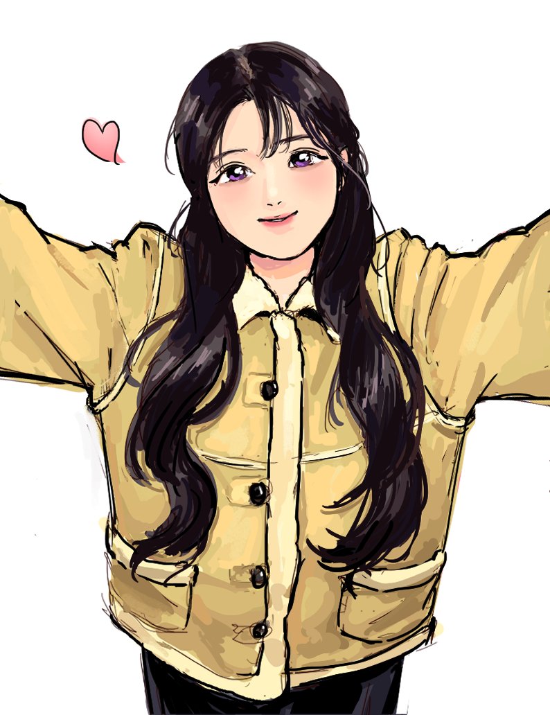 1girl, black_hair, black_pants, blue_eyes, blush, brown_jacket, commentary, english_commentary