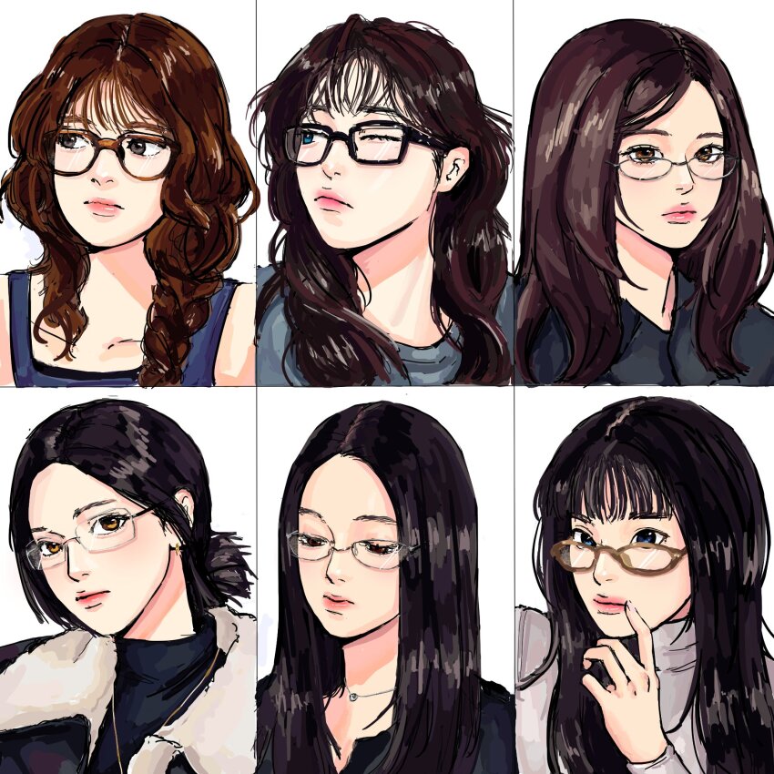 6+girls, animification, bae_(nmixx), black_hair, blue_eyes, braid, brown_eyes, brown_hair