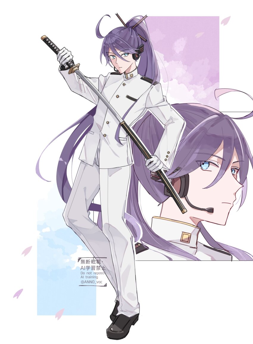 1boy, ahoge, alternate_costume, anno_voc, black_shoes, blue_background, blue_eyes, closed_mouth