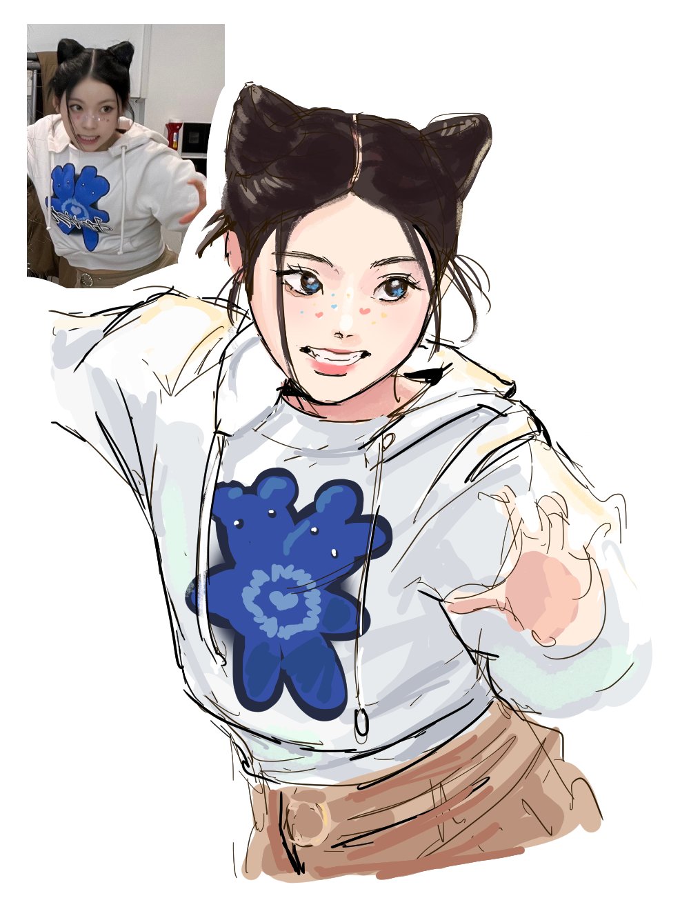 1girl, animification, black_hair, blue_eyes, brown_skirt, double_bun, hair_bun, hair_horns, highres, hood, hood_down, hoodie, k-pop, kyujin_(nmixx), looking_to_the_side, nmixx, open_hand, parted_lips, photo-referenced, pink_lips, real_life, reference_inset, single_claw_pose, sketch, skirt, solo, white_hoodie, xel_(xxiwnon)