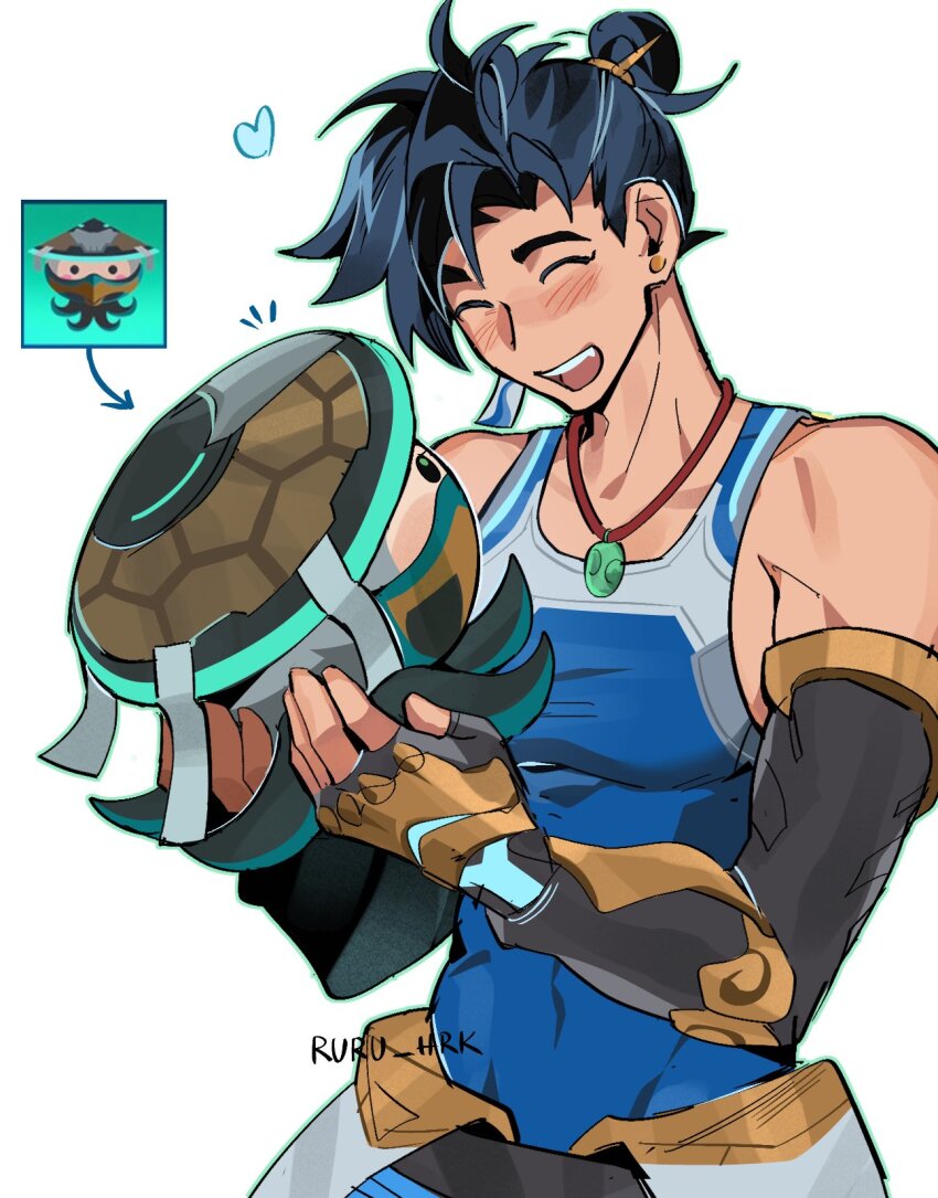 1boy, animal, artist_name, asymmetrical_gloves, bare_shoulders, belt, black_belt, black_hair