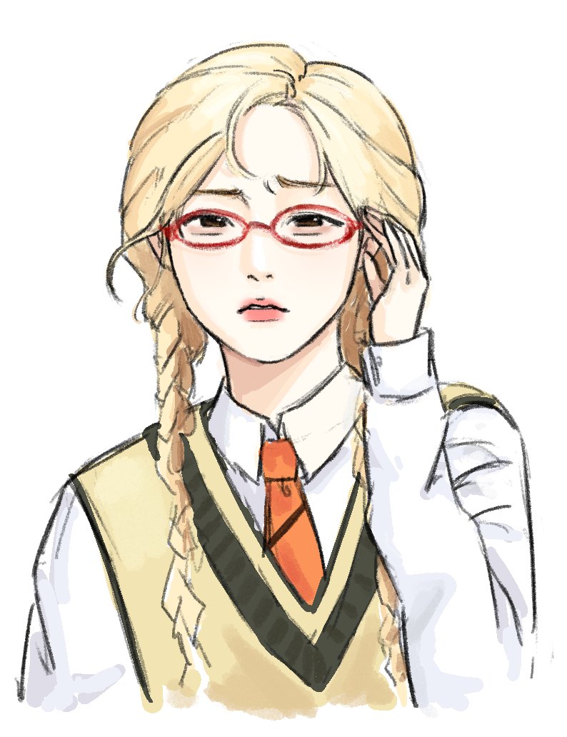 1girl, animification, annoyed, blonde_hair, braid, brown_eyes, collared_shirt, commentary