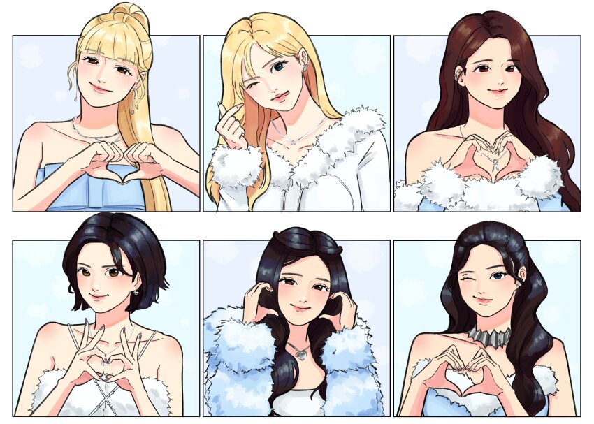 6+girls, absurdres, animification, bae_(nmixx), bare_shoulders, black_eyes, black_hair, blonde_hair