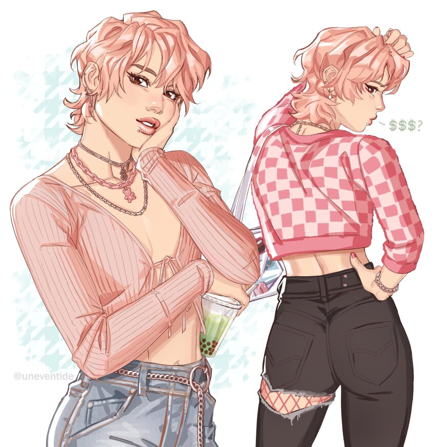 1boy, ?, absurdres, aqua_background, bag, bear_necklace, belt, black_eyeliner