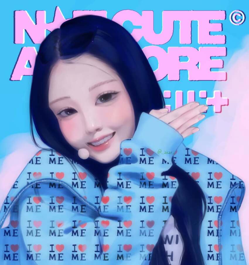 .akar.i, 1girl, black_eyes, black_hair, blue_hoodie, blush, commentary, copyright_name, earpiece, east_asian, english_commentary, head_tilt, hood, hood_down, hoodie, i_heart..., illit, k-pop, looking_at_viewer, not_cute_anymore_(illit), open_hand, parted_lips, portrait, real_life, realistic, shirt, sleeves_past_wrists, smile, song_name, unmoving_pattern, white_shirt, wonhee_(illit)