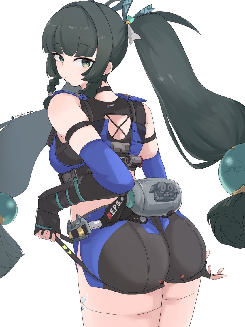1girl, android, ass, black_gloves, black_shorts, blue_shorts, braid, braided_sidelocks, closed_mouth, commentary_request, cowboy_shot, elbow_gloves, fingerless_gloves, from_behind, gloves, green_eyes, green_hair, hair_ornament, highres, long_hair, looking_at_viewer, looking_back, police, police_uniform, policewoman, qingyi_(zenless_zone_zero), samejimamayu, shorts, sidelocks, simple_background, solo, sphere_hair_ornament, twintails, two-tone_shorts, white_background, zenless_zone_zero