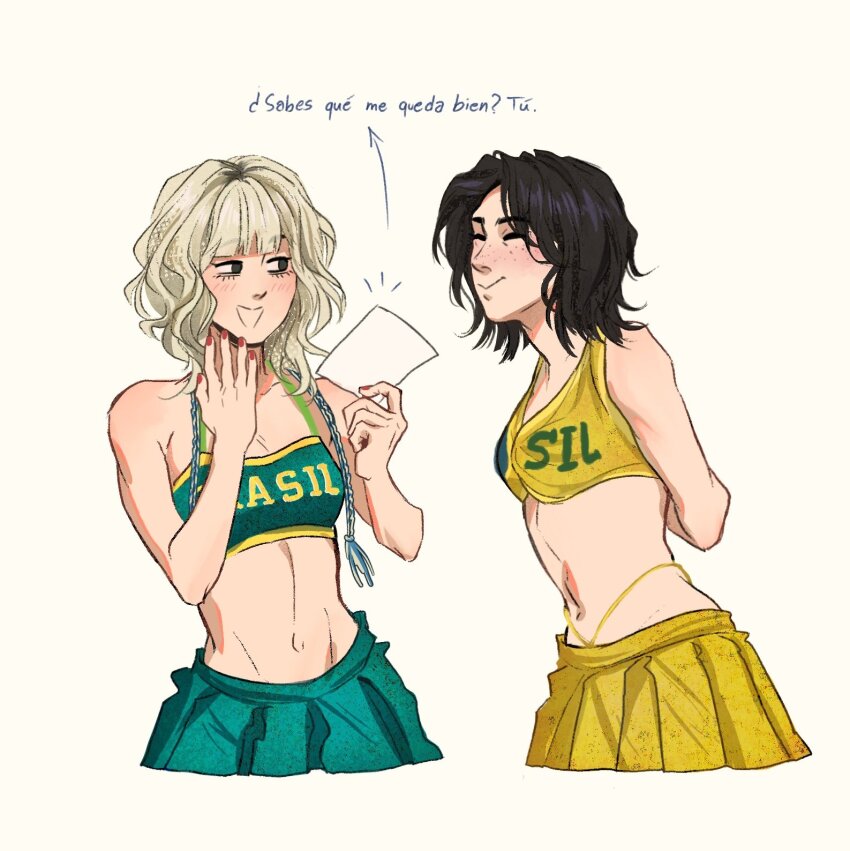 2girls, ^_^, arrow_(symbol), bae_(nmixx), black_hair, blonde_hair, blush, brazil, breasts, closed_eyes, commentary, crop_top, english_commentary, freckles, green_skirt, highres, k-pop, lily_(nmixx), medium_hair, multiple_girls, navel, nmixx, open_mouth, real_life, seatea_koi, short_hair, skirt, small_breasts, smile, spanish_text, yellow_skirt, yuri