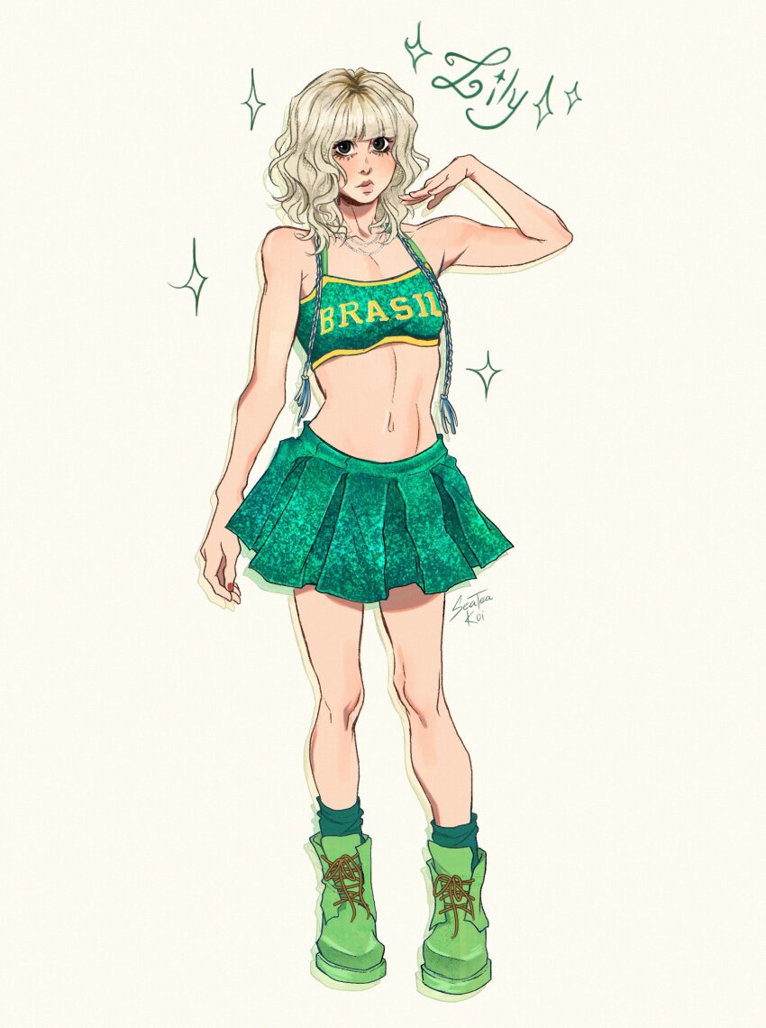 1girl, absurdres, artist_name, black_eyes, blonde_hair, blush, boots, brazil, breasts, character_name, commentary, crop_top, full_body, green_boots, green_skirt, green_socks, highres, k-pop, lily_(nmixx), looking_at_viewer, medium_hair, midriff, navel, nmixx, pink_lips, real_life, seatea_koi, skirt, small_breasts, socks, solo, sparkle, yellow_background