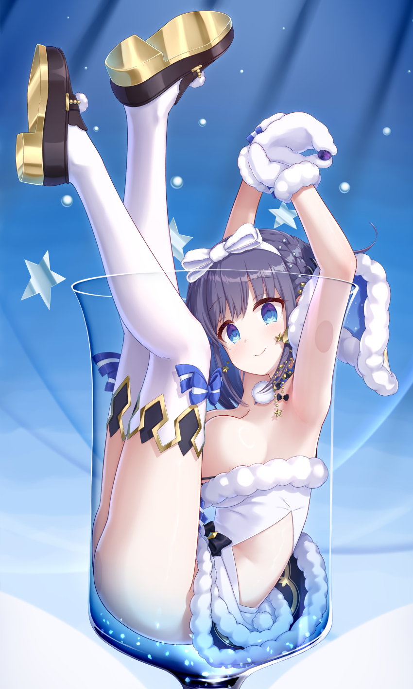 1girl, armpits, arms_up, bare_arms, black_bow, black_hair, black_shoes, blue_bow