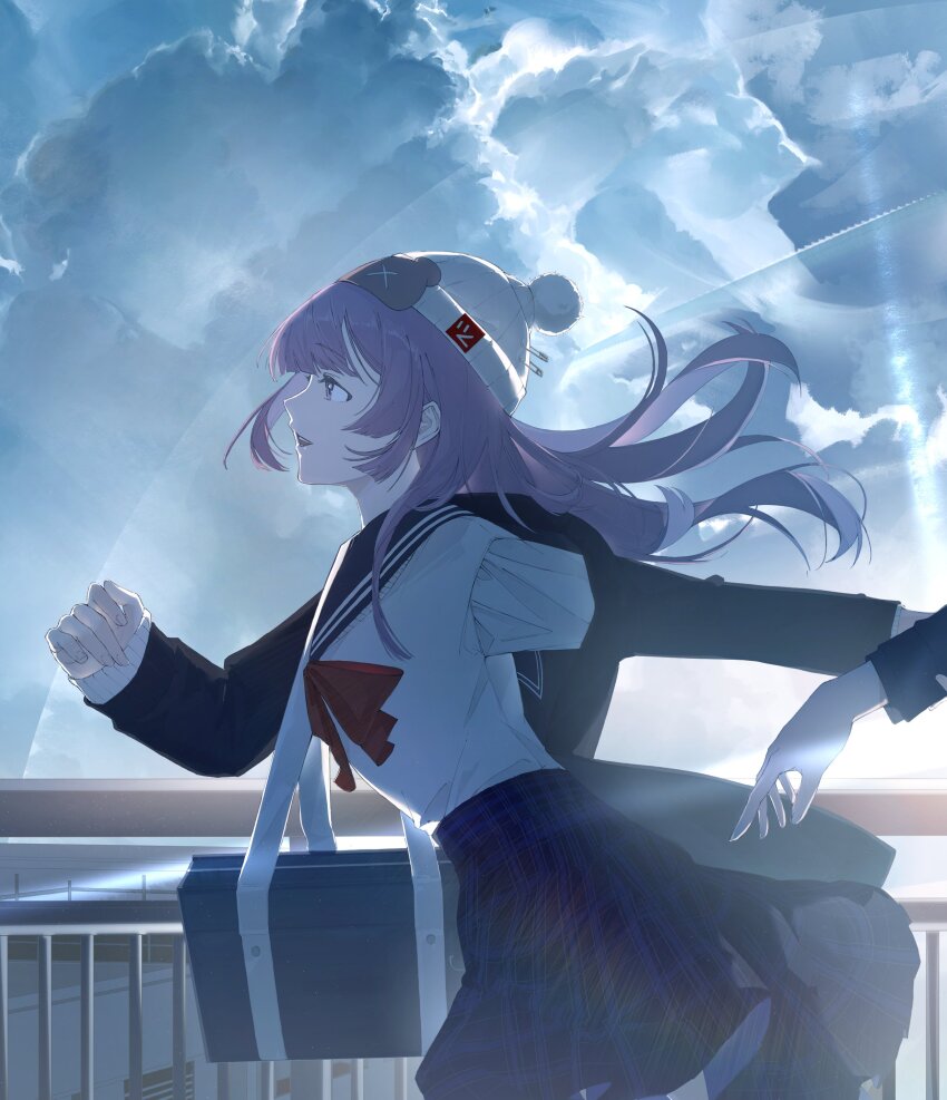 2girls, absurdres, alidu, bag, checkered_clothes, checkered_skirt, cowboy_shot, hella_(path_to_nowhere)