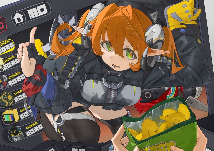 1boy, 1girl, alidu, chips_(food), cowboy_shot, food, gloves, hashtag-only_commentary