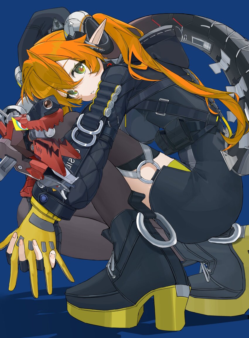 1girl, absurdres, alidu, blue_background, boots, commentary, full_body, gloves