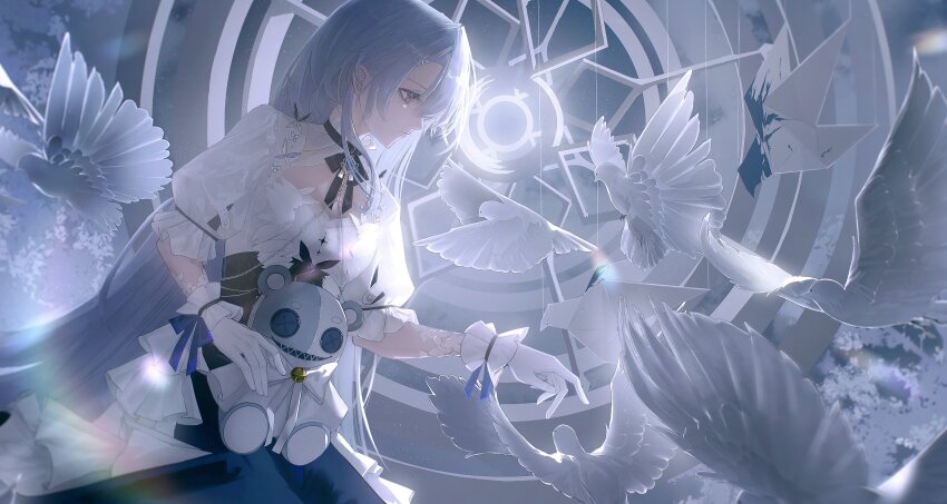 1girl, absurdres, alidu, bird, cowboy_shot, dress, from_side, gloves