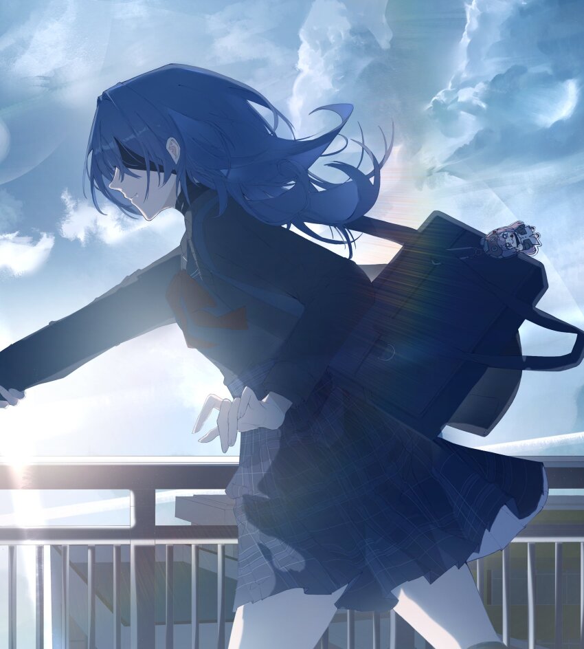 2girls, absurdres, alidu, bag, blue_hair, checkered_clothes, checkered_skirt, cowboy_shot