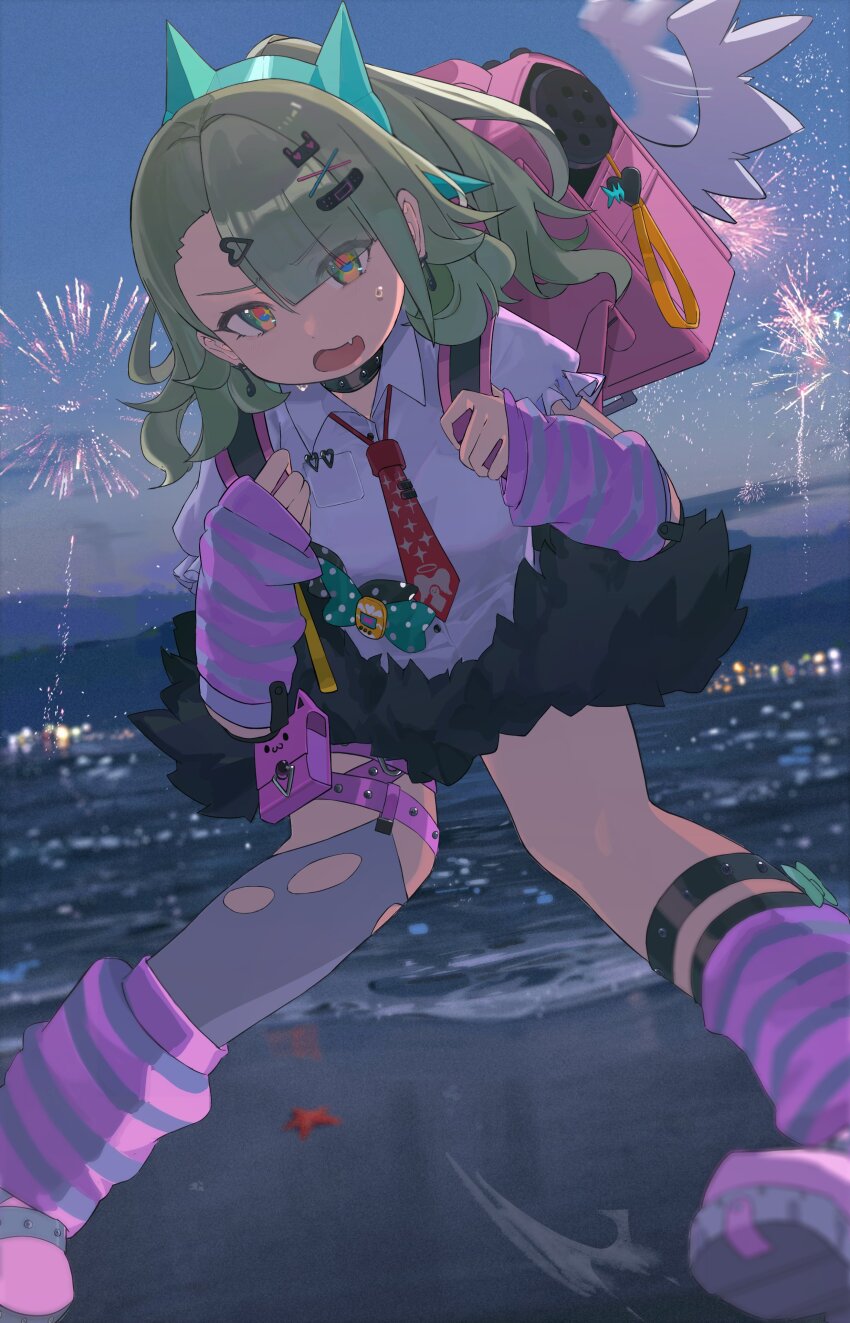 absurdres, alidu, arm_warmers, bag, black_skirt, feet_out_of_frame, green_hair, hair_over_one_eye, highres, necktie, red_necktie, school_bag, shirt, short_sleeves, skirt, socks, striped_arm_warmers, sunna_(zenless_zone_zero), sweat, white_shirt, wings, zenless_zone_zero