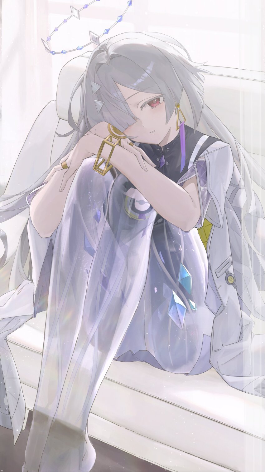 1girl, absurdres, alidu, arms_on_knees, feet_out_of_frame, hair_over_one_eye, halo, hashtag-only_commentary, head_on_hand, head_rest, highres, knees_up, mornye_(wuthering_waves), see-through_body, sitting, solo, wuthering_waves