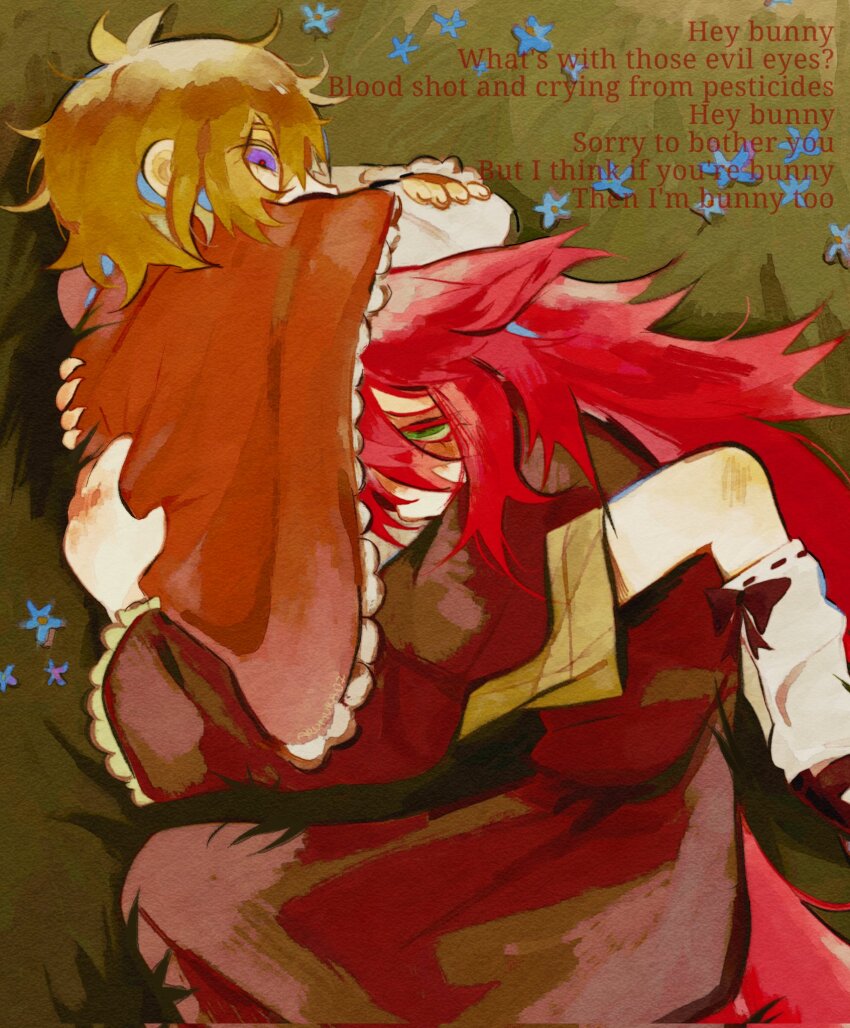 1boy, 1girl, alternate_costume, alternate_eye_color, alternate_universe, antenna_hair, arum_0m0, aubrey_(faraway)_(omori)