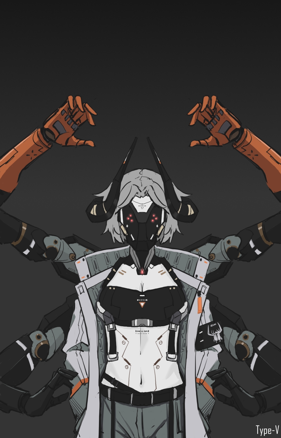 1girl, artist_name, black_horns, breasts, cleavage, coat, commentary_request, cowboy_shot, curled_horns, extra_arms, gradient_background, grey_background, grey_hair, grey_shorts, hands_in_pockets, highres, horns, mask, mechanical_arms, medium_breasts, midriff, navel, open_clothes, open_coat, punishing:_gray_raven, short_hair, shorts, solo, standing, type-v, white_coat, yata_(pgr)