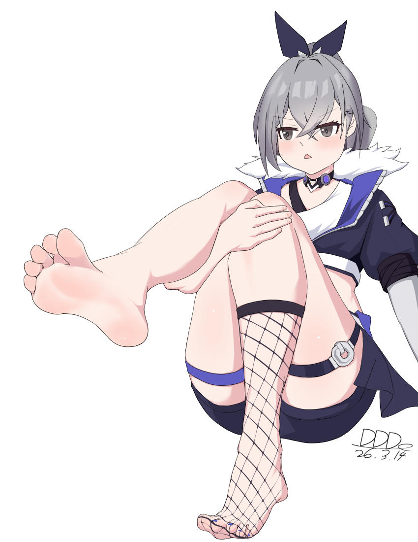 1girl, absurdres, barefoot, blush, ddd_(user_vrer5722), feet, fishnet_socks, fishnets, grey_eyes, grey_hair, highres, honkai:_star_rail, honkai_(series), long_hair, open_mouth, ponytail, silver_wolf_(honkai:_star_rail), single_sock, socks, soles, toes