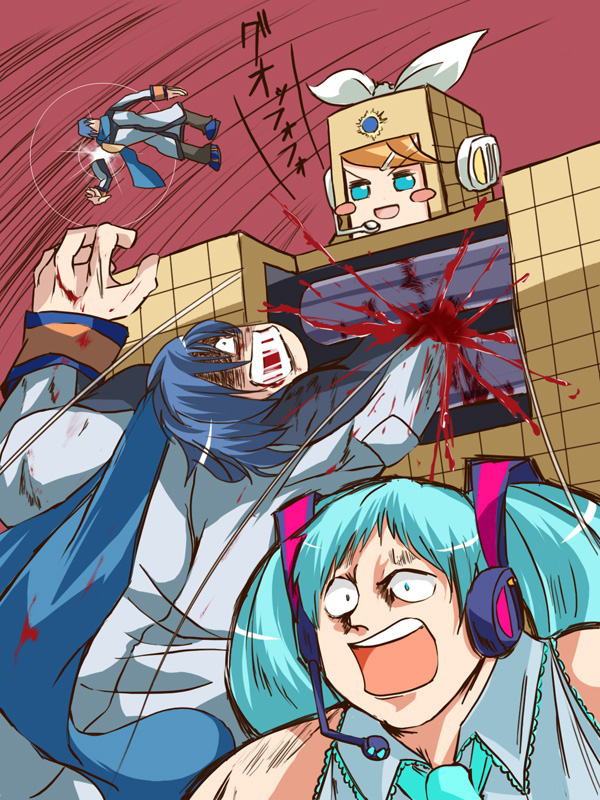 1boy, 2girls, aqua_hair, blood, blush_stickers, emphasis_lines, empty_eyes, hatsune_miku, headgear, headphones, headset, kagamine_rin, kaito_(vocaloid), kinnikuman, morihama_karute, multiple_girls, o_o, parody, round_teeth, scared, shaded_face, sunshine_(kinnikuman), teeth, turn_pale, twintails, vocaloid, what, wide-eyed