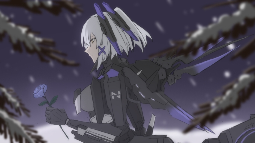 1girl, blue_flower, blue_rose, blurry, blurry_background, breasts, commentary_request, flower