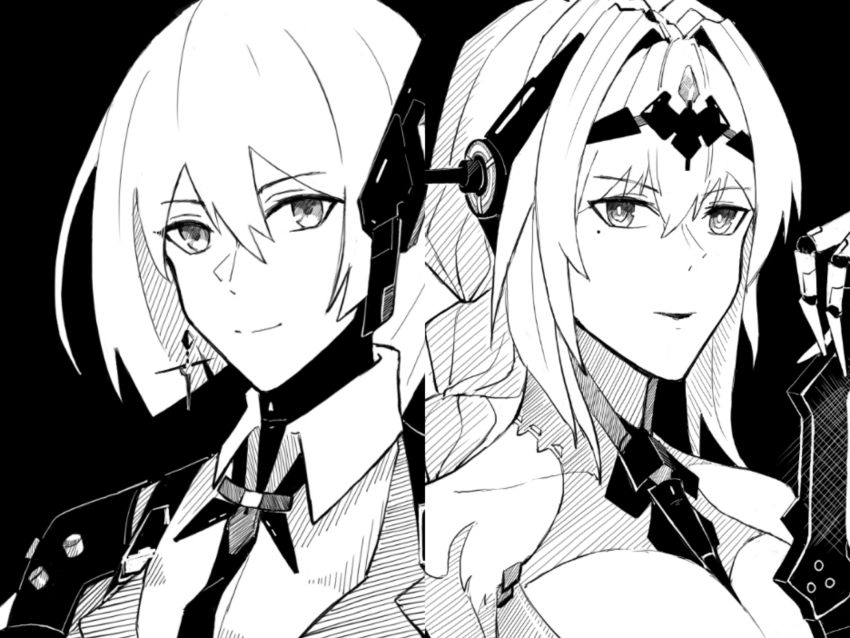 2girls, artist_name, bianca:_stigmata_(pgr), bianca_(pgr), black_background, black_necktie, breasts, bright_pupils