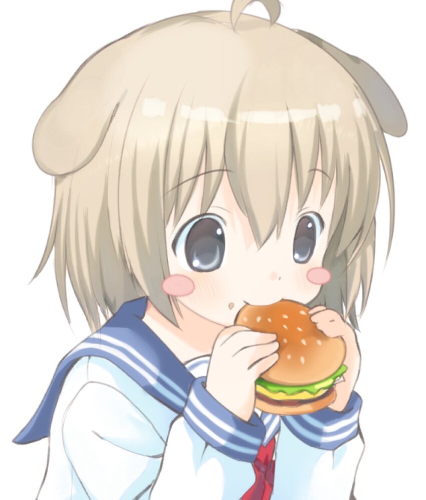 1girl, 2000s_(style), ahoge, animal_ears, blonde_hair, blue_eyes, blush_stickers, burger, clip_studio_paint_(medium), commentary, dog_ears, dog_girl, eating, english_commentary, faux_retro_artstyle, food, highres, onlinepetclub, original, pop_(electromagneticwave)_(style), school_uniform, serafuku, short_hair, simple_background, smile, solo, upper_body, wanwan_(onlinepetclub), white_background