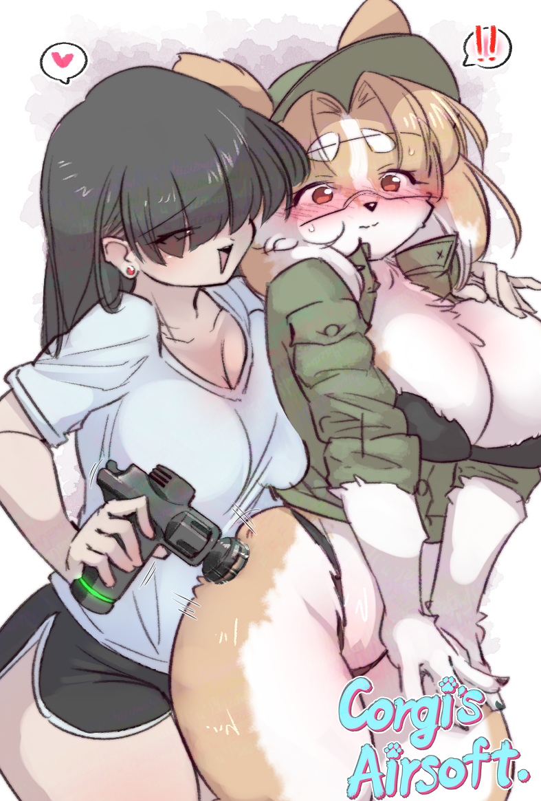 2girls, airsoft_corgi_(yazawa_owl), animal_ear_fluff, animal_ears, black_hair, breasts, brown_eyes, brown_fur
