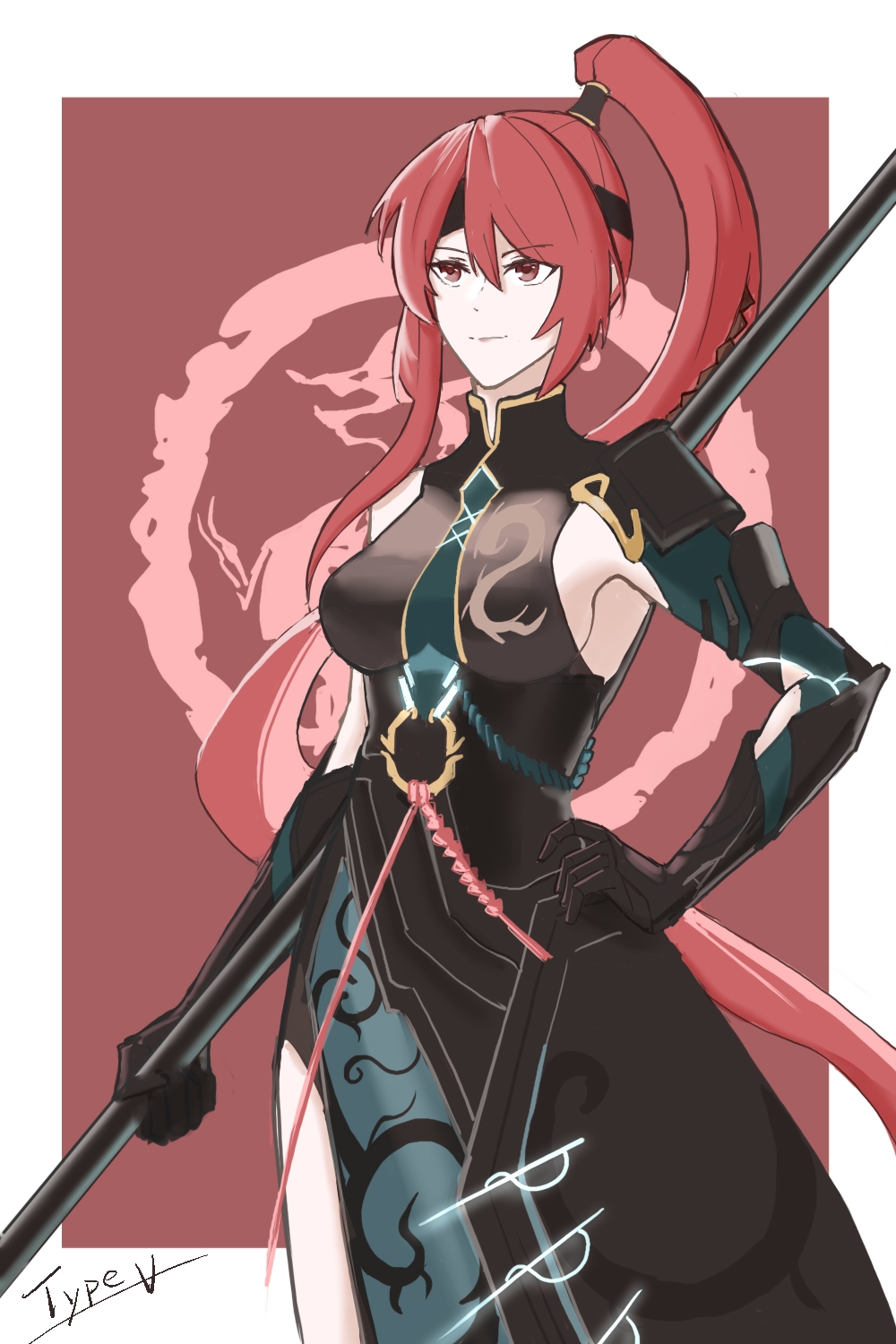 1girl, black_dress, border, breasts, china_dress, chinese_clothes, closed_mouth, commentary_request