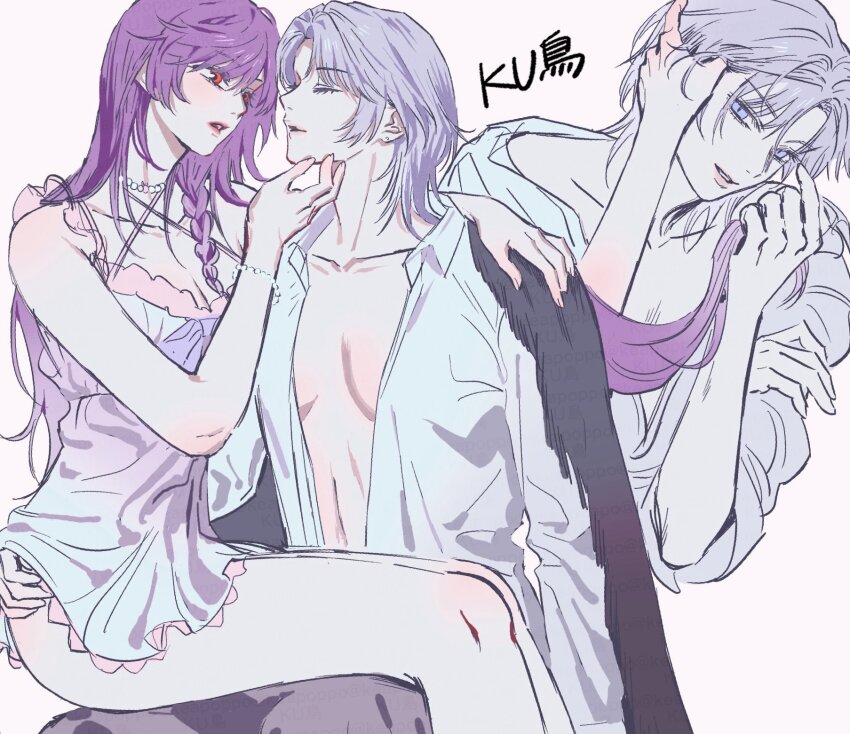 2girls, ankea_(a-ramo-do), camisole, closed_eyes, collared_shirt, hand_on_another's_chin, hand_on_another's_shoulder, highres