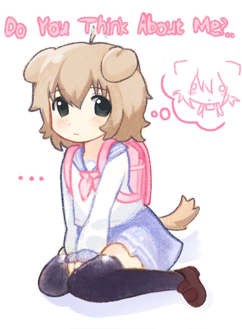 1girl, 1other, 2000s_(style), abekomo, ahoge, animal_ears, backpack, bag