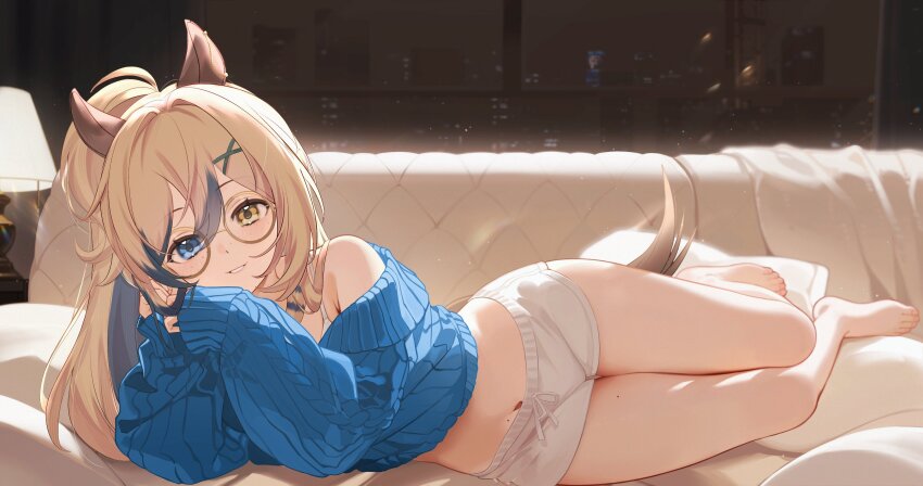 1girl, absurdres, animal_ears, armpit_crease, black_sweater, blonde_hair, blue_eyes, blue_streaks