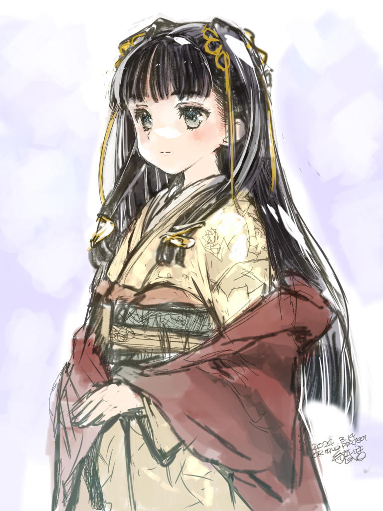 1girl, artist_name, black_hair, dai_(series), daiakuji, green_eyes, japanese_clothes, kimono