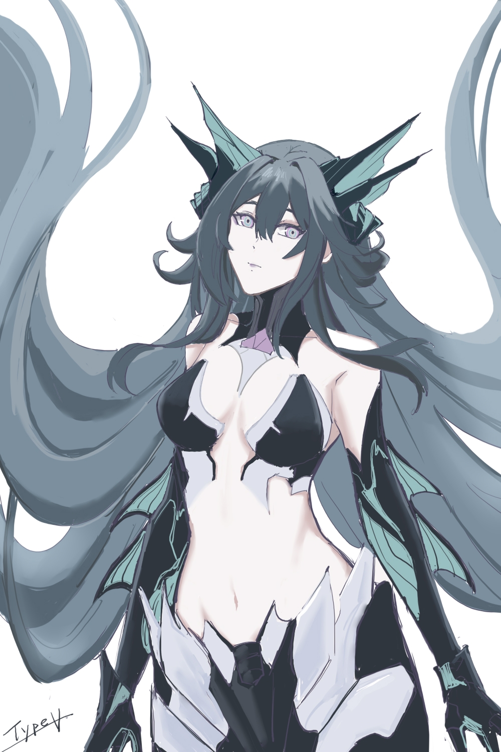 1girl, artist_name, blue_eyes, blue_hair, breasts, breasts_apart, closed_mouth, commentary_request, fins, fish_tail, hair_between_eyes, highres, lamia:_lost_lullaby_(pgr), lamia_(pgr), long_hair, looking_at_viewer, medium_breasts, mermaid, monster_girl, navel, punishing:_gray_raven, simple_background, solo, stomach, tail, type-v, very_long_hair, white_background