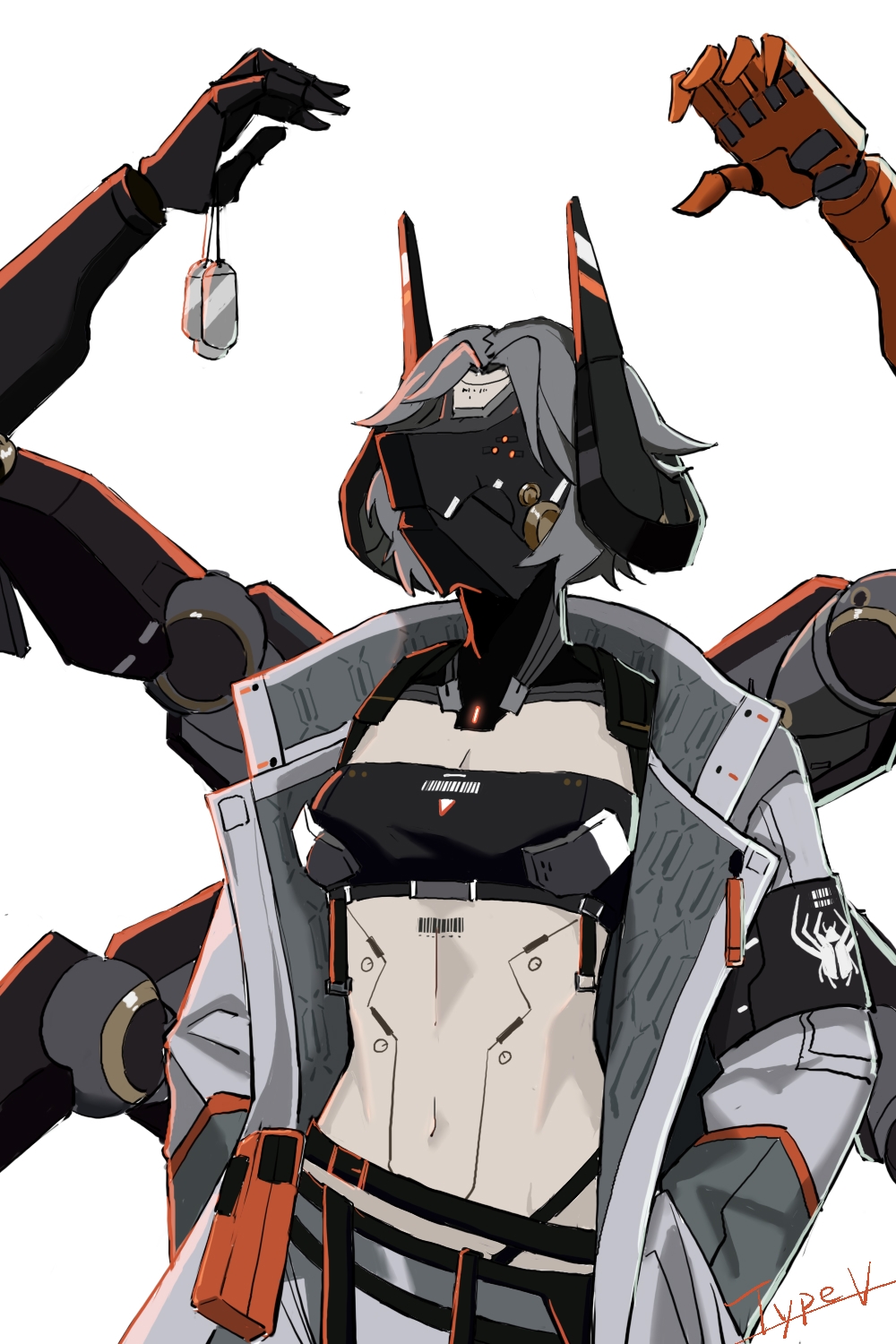 1girl, artist_name, black_horns, breasts, cleavage, coat, commentary_request, curled_horns